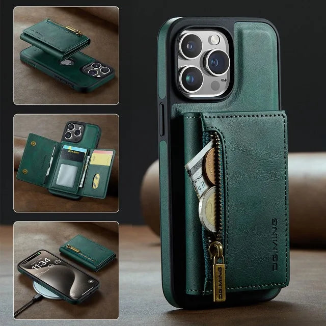 RETRO 2-IN-1 LEATHER IPHONE WALLET CASE | 2-IN-1 DETACHABLE MAGNETIC DESIGN WITH ZIPPERED STORAGE AND MULTIPLE CARD SLOTS | SHOCKPROOF AND ULTRA-PREMIUM PROTECTION WITH 360° CAMERA PROTECTION