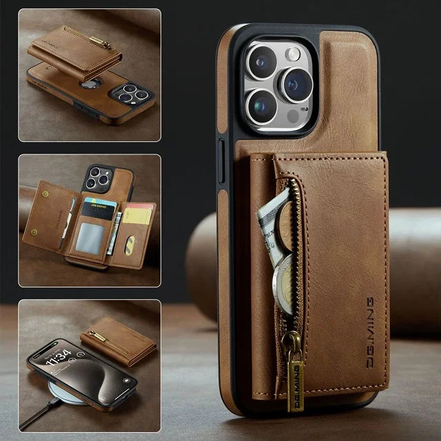 RETRO 2-IN-1 LEATHER IPHONE WALLET CASE | 2-IN-1 DETACHABLE MAGNETIC DESIGN WITH ZIPPERED STORAGE AND MULTIPLE CARD SLOTS | SHOCKPROOF AND ULTRA-PREMIUM PROTECTION WITH 360° CAMERA PROTECTION