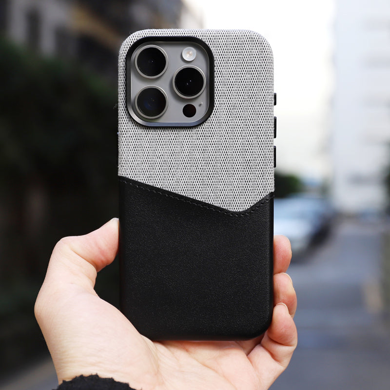 SOPHISTICATED LEATHER AND FABRIC APPLE IPHONE CASE | MODERN WITH PREMIUM DUAL-MATERIAL DESIGN AND INTEGRATED CARD HOLDER AND PROTECTION | DURABLE ANTI-SLIP FINISH