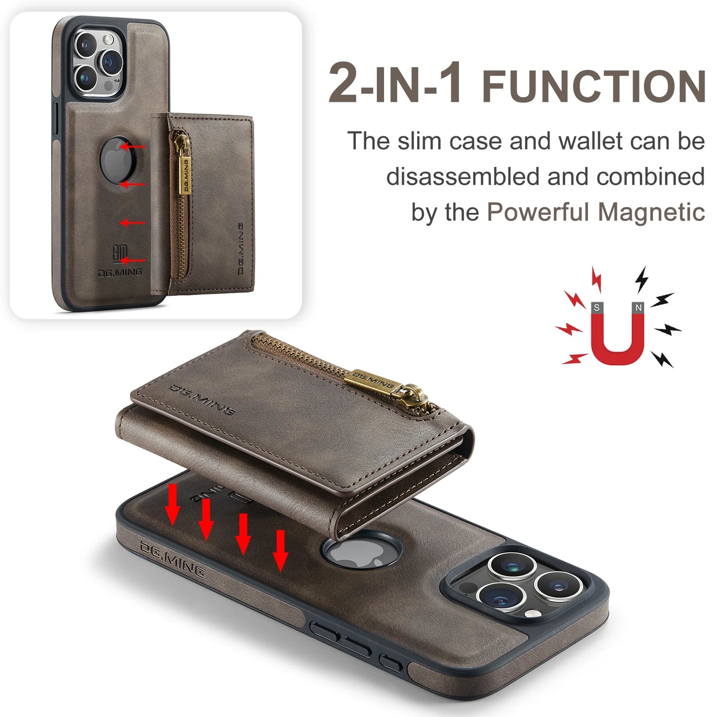 RETRO 2-IN-1 LEATHER IPHONE WALLET CASE | 2-IN-1 DETACHABLE MAGNETIC DESIGN WITH ZIPPERED STORAGE AND MULTIPLE CARD SLOTS | SHOCKPROOF AND ULTRA-PREMIUM PROTECTION WITH 360° CAMERA PROTECTION