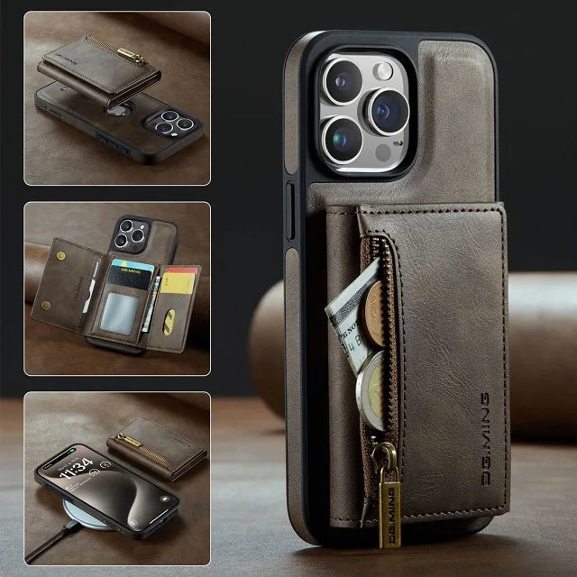 RETRO 2-IN-1 LEATHER IPHONE WALLET CASE | 2-IN-1 DETACHABLE MAGNETIC DESIGN WITH ZIPPERED STORAGE AND MULTIPLE CARD SLOTS | SHOCKPROOF AND ULTRA-PREMIUM PROTECTION WITH 360° CAMERA PROTECTION