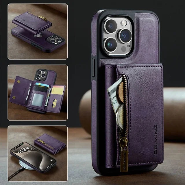 RETRO 2-IN-1 LEATHER IPHONE WALLET CASE | 2-IN-1 DETACHABLE MAGNETIC DESIGN WITH ZIPPERED STORAGE AND MULTIPLE CARD SLOTS | SHOCKPROOF AND ULTRA-PREMIUM PROTECTION WITH 360° CAMERA PROTECTION
