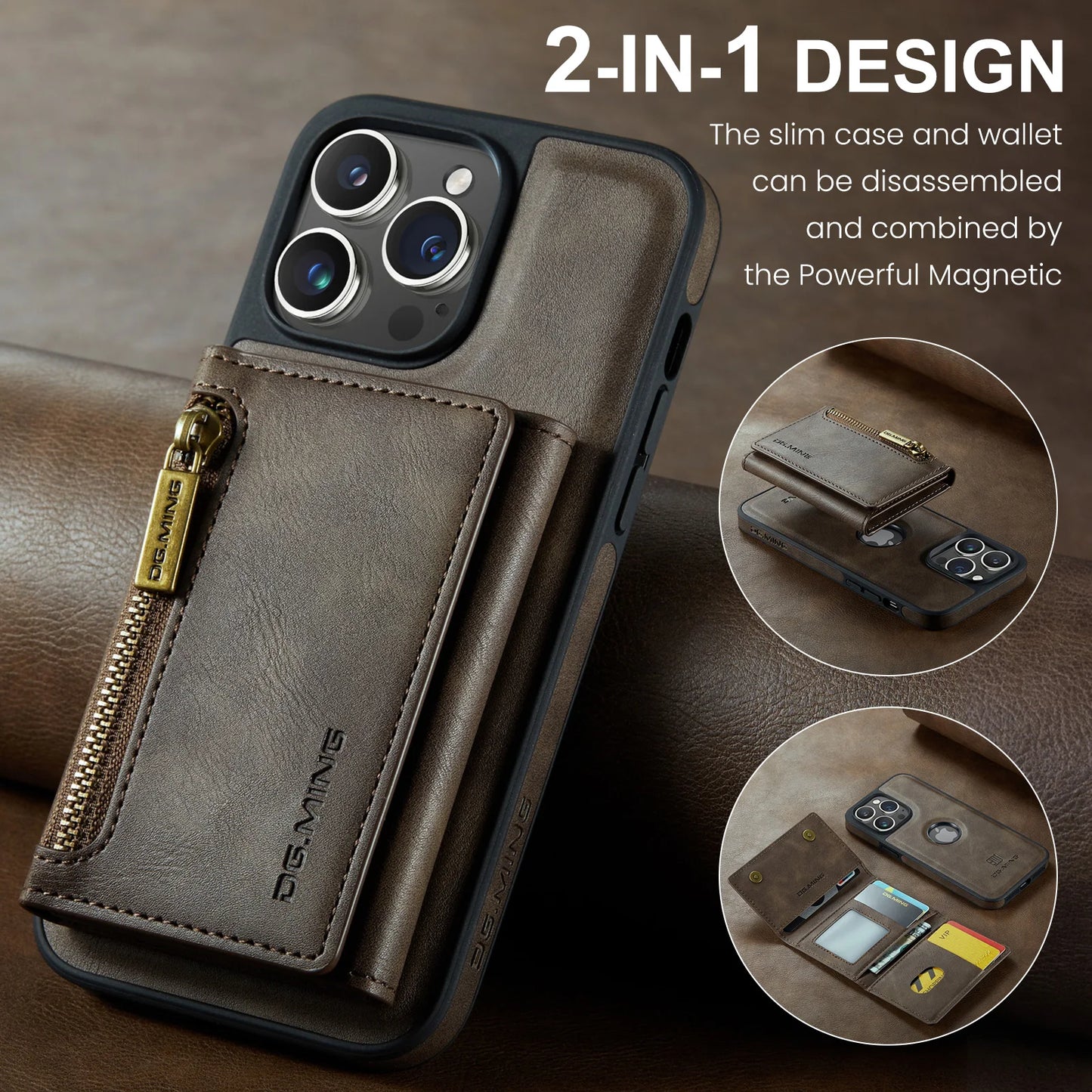 RETRO 2-IN-1 LEATHER IPHONE WALLET CASE | 2-IN-1 DETACHABLE MAGNETIC DESIGN WITH ZIPPERED STORAGE AND MULTIPLE CARD SLOTS | SHOCKPROOF AND ULTRA-PREMIUM PROTECTION WITH 360° CAMERA PROTECTION