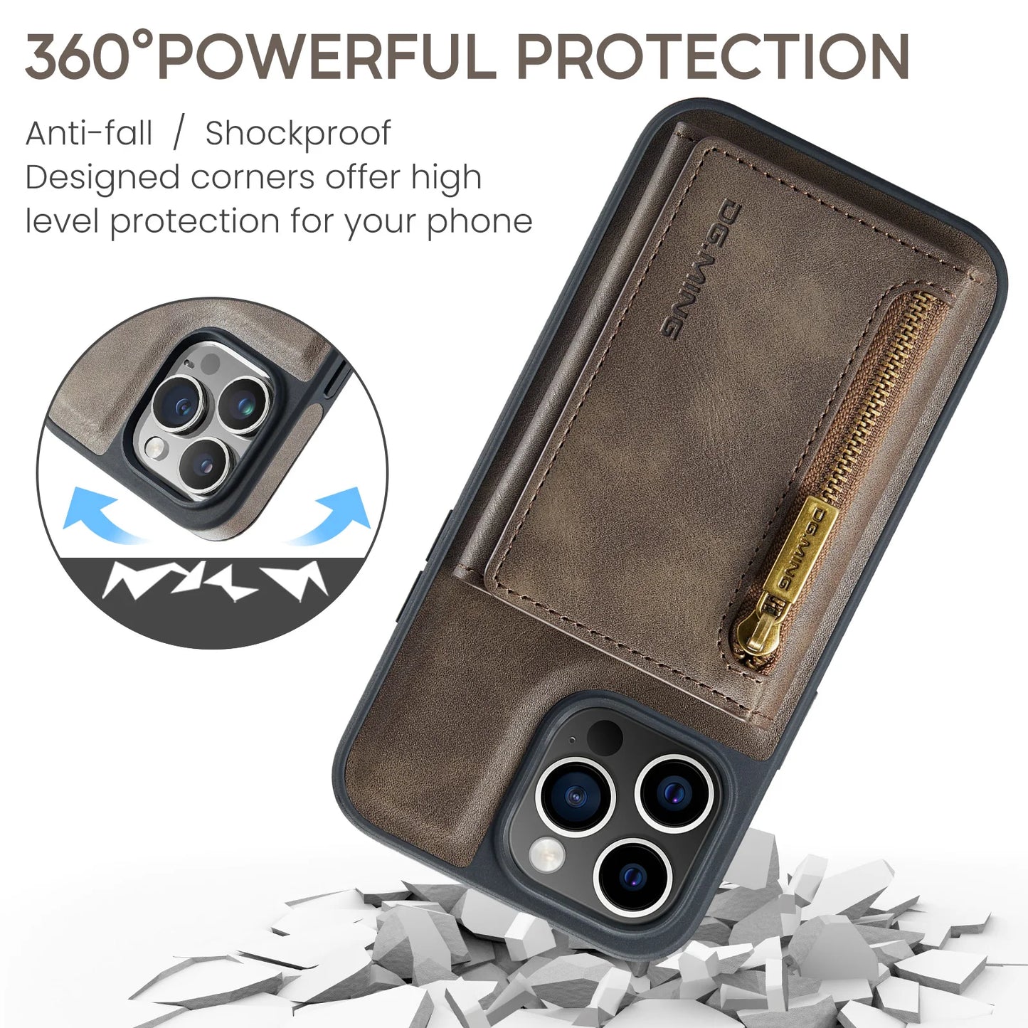 RETRO 2-IN-1 LEATHER IPHONE WALLET CASE | 2-IN-1 DETACHABLE MAGNETIC DESIGN WITH ZIPPERED STORAGE AND MULTIPLE CARD SLOTS | SHOCKPROOF AND ULTRA-PREMIUM PROTECTION WITH 360° CAMERA PROTECTION