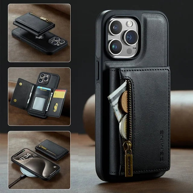 RETRO 2-IN-1 LEATHER IPHONE WALLET CASE | 2-IN-1 DETACHABLE MAGNETIC DESIGN WITH ZIPPERED STORAGE AND MULTIPLE CARD SLOTS | SHOCKPROOF AND ULTRA-PREMIUM PROTECTION WITH 360° CAMERA PROTECTION