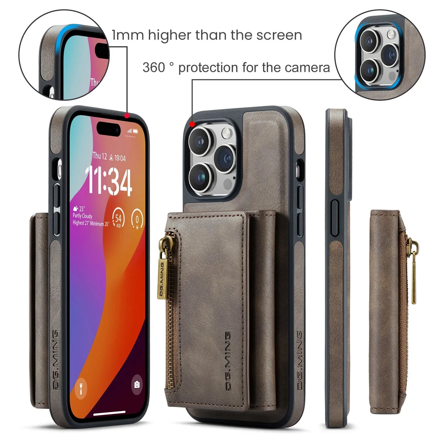 RETRO 2-IN-1 LEATHER IPHONE WALLET CASE | 2-IN-1 DETACHABLE MAGNETIC DESIGN WITH ZIPPERED STORAGE AND MULTIPLE CARD SLOTS | SHOCKPROOF AND ULTRA-PREMIUM PROTECTION WITH 360° CAMERA PROTECTION