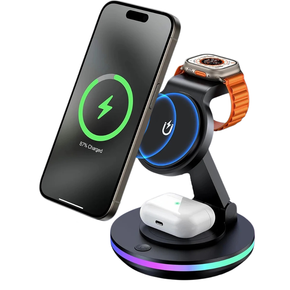 PREMIUM 4-IN-1 20W MAGNETIC WIRELESS CHARGING STATION | ROTATABLE HOLDER WITH AMBIENT LIGHT FOR IPHONE, APPLE WATCH & AIRPODS | FAST & SPACE-SAVING DESIGN