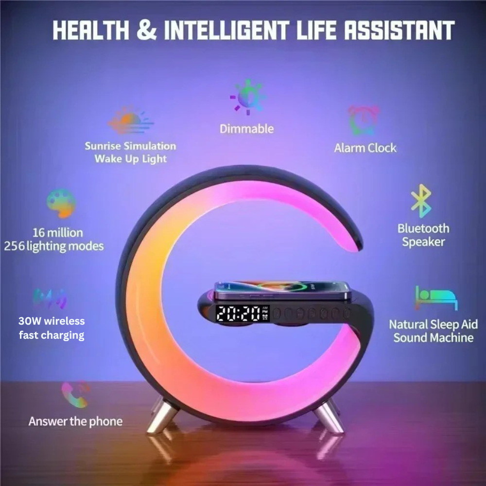 MULTIFUNCTIONAL 30W WIRELESS FAST CHARGING STATION | ALARM CLOCK, SPEAKER & RGB LIGHT IN ONE | FAST CHARGER WITH APP CONTROLLED AMBIENT LIGHTING