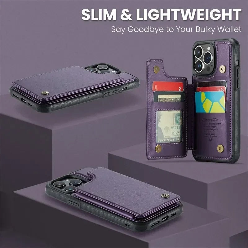 LUXURY MULTI-FUNCTION LEATHER APPLE IPHONE CASE | ELEGANT WALLET DESIGN WITH MAGNETIC FLIP COVER | CARD STORAGE WITH MULTIPLE SLOTS AND CASH HOLDER | 360° DROP PROTECTION AND MAGSAFE COMPATIBLE
