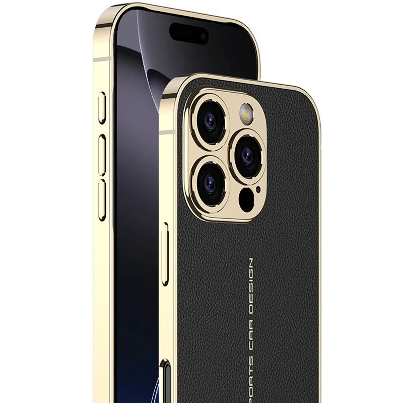 PREMIUM ELECTROPLATED LEATHER PHONE CASE FOR IPHONE | LUXURIOUS RED & BLACK DESIGN WITH SLEEK ELECTROPLATED FRAME | SCRATCH-RESISTANT, SHOCKPROOF, AND STYLISH IPHONE CASE
