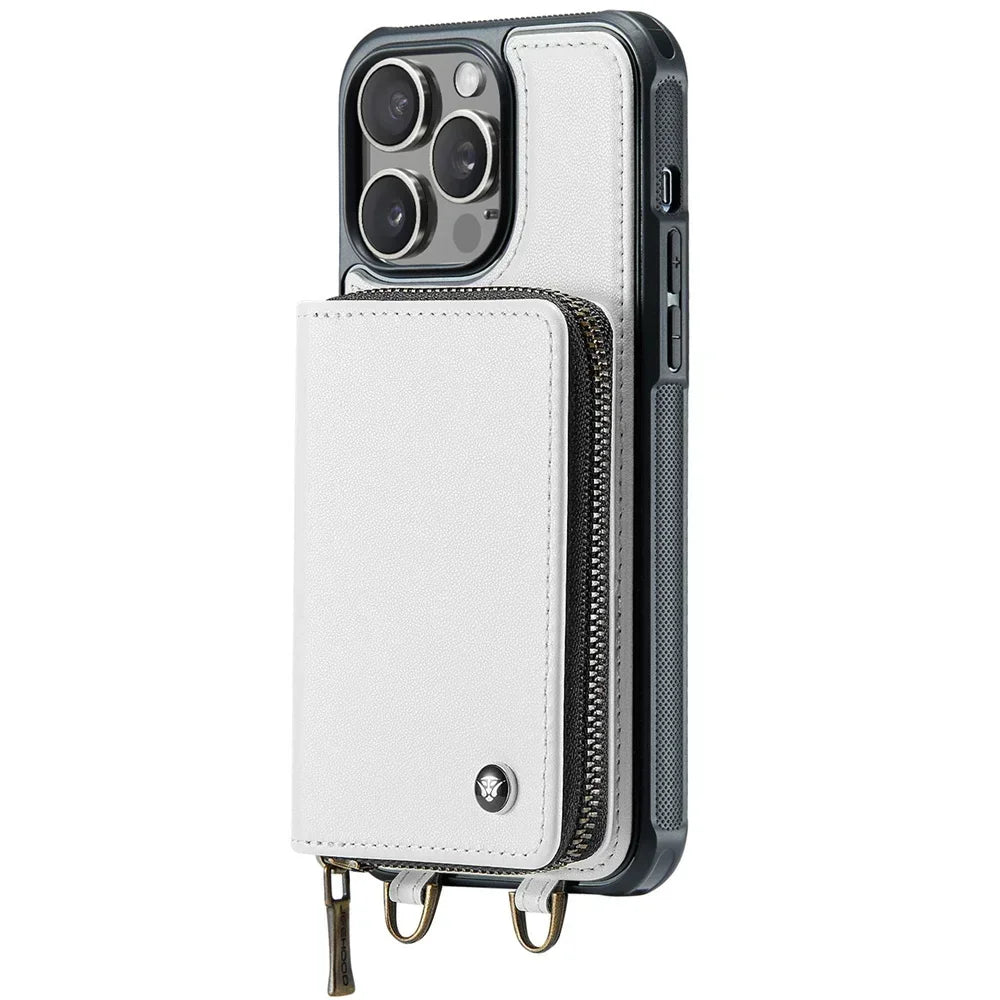 PREMIUM MULTIFUNCTIONAL LEATHER WALLET CASE WITH DETACHABLE STRAP | 360° SHOCKPROOF DESIGN | ZIPPERED STORAGE AND CARD SLOTS FOR CONVENIENCE | RFID FLIP COVER FOR FULL PROTECTION
