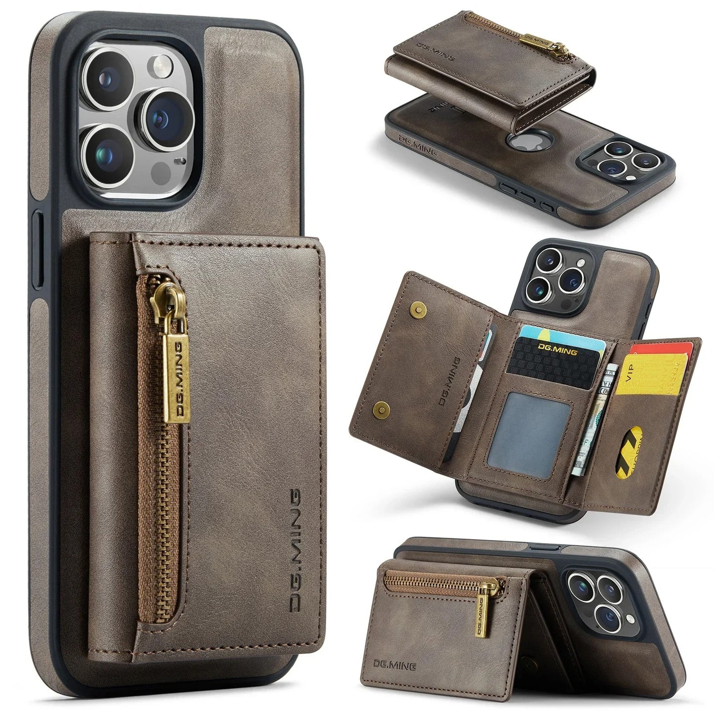 RETRO 2-IN-1 LEATHER IPHONE WALLET CASE | 2-IN-1 DETACHABLE MAGNETIC DESIGN WITH ZIPPERED STORAGE AND MULTIPLE CARD SLOTS | SHOCKPROOF AND ULTRA-PREMIUM PROTECTION WITH 360° CAMERA PROTECTION