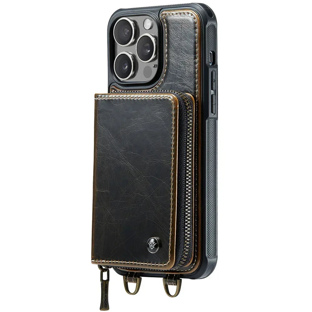 PREMIUM MULTIFUNCTIONAL LEATHER WALLET CASE WITH DETACHABLE STRAP | 360° SHOCKPROOF DESIGN | ZIPPERED STORAGE AND CARD SLOTS FOR CONVENIENCE | RFID FLIP COVER FOR FULL PROTECTION