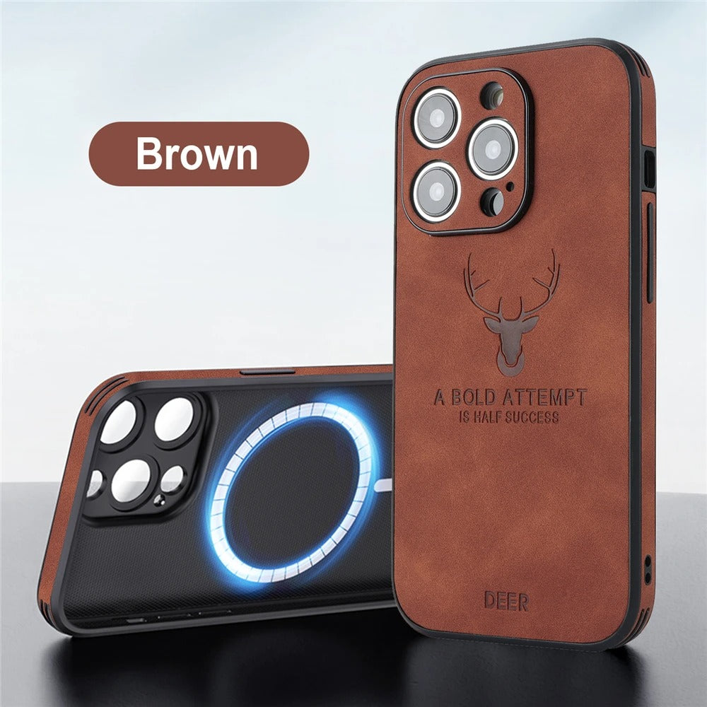 LUXURIOUS RETRO LEATHER IPHONE CASE WITH DEER EMBLEM | PREMIUM ENGRAVING, 360° SHOCKPROOF DESIGN, AND MAGSAFE SUPPORT | ADVANCED CAMERA AND SCREEN PROTECTION