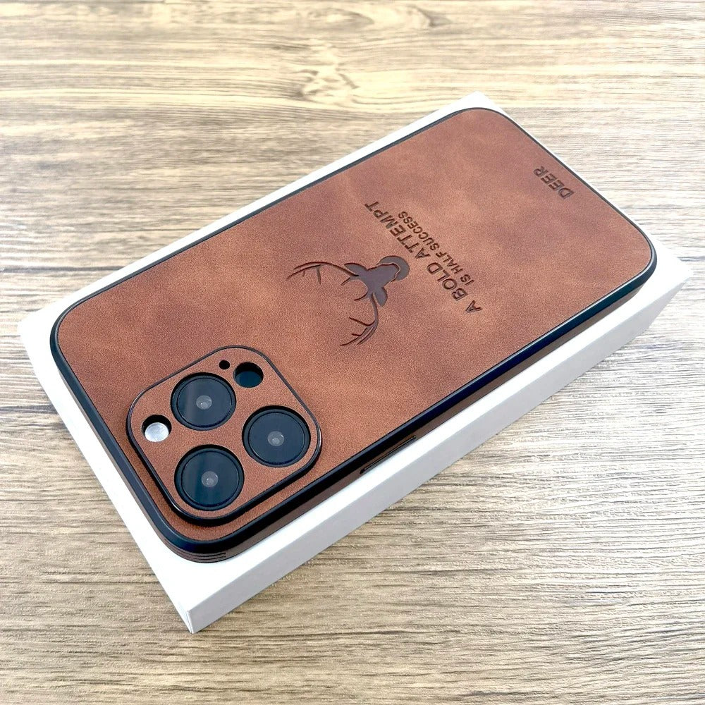 LUXURIOUS RETRO LEATHER IPHONE CASE WITH DEER EMBLEM | PREMIUM ENGRAVING, 360° SHOCKPROOF DESIGN, AND MAGSAFE SUPPORT | ADVANCED CAMERA AND SCREEN PROTECTION