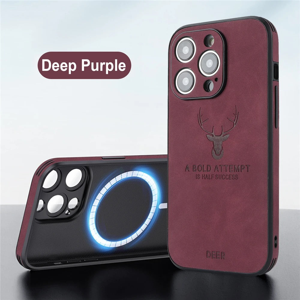 LUXURIOUS RETRO LEATHER IPHONE CASE WITH DEER EMBLEM | PREMIUM ENGRAVING, 360° SHOCKPROOF DESIGN, AND MAGSAFE SUPPORT | ADVANCED CAMERA AND SCREEN PROTECTION
