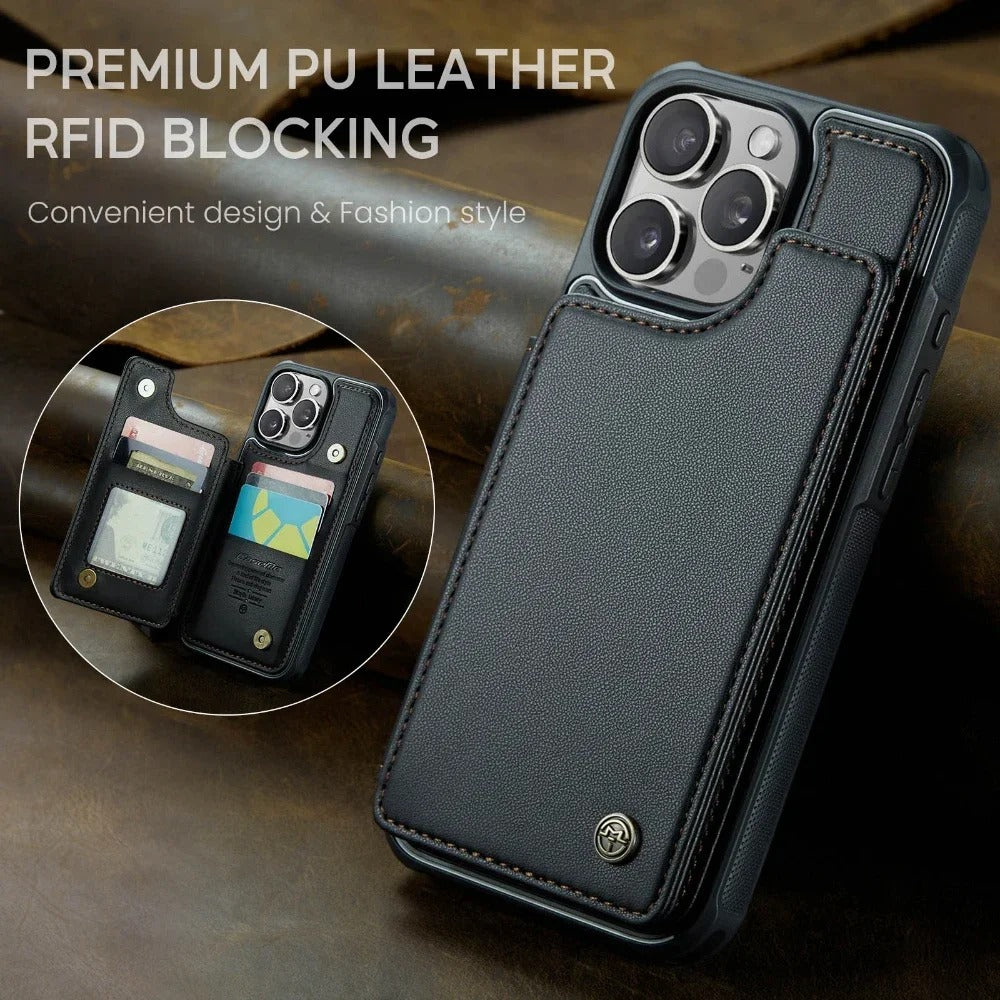 LUXURY MULTI-FUNCTION LEATHER APPLE IPHONE CASE | ELEGANT WALLET DESIGN WITH MAGNETIC FLIP COVER | CARD STORAGE WITH MULTIPLE SLOTS AND CASH HOLDER | 360° DROP PROTECTION AND MAGSAFE COMPATIBLE