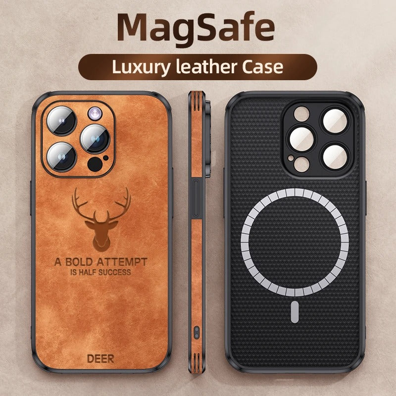 LUXURIOUS RETRO LEATHER IPHONE CASE WITH DEER EMBLEM | PREMIUM ENGRAVING, 360° SHOCKPROOF DESIGN, AND MAGSAFE SUPPORT | ADVANCED CAMERA AND SCREEN PROTECTION
