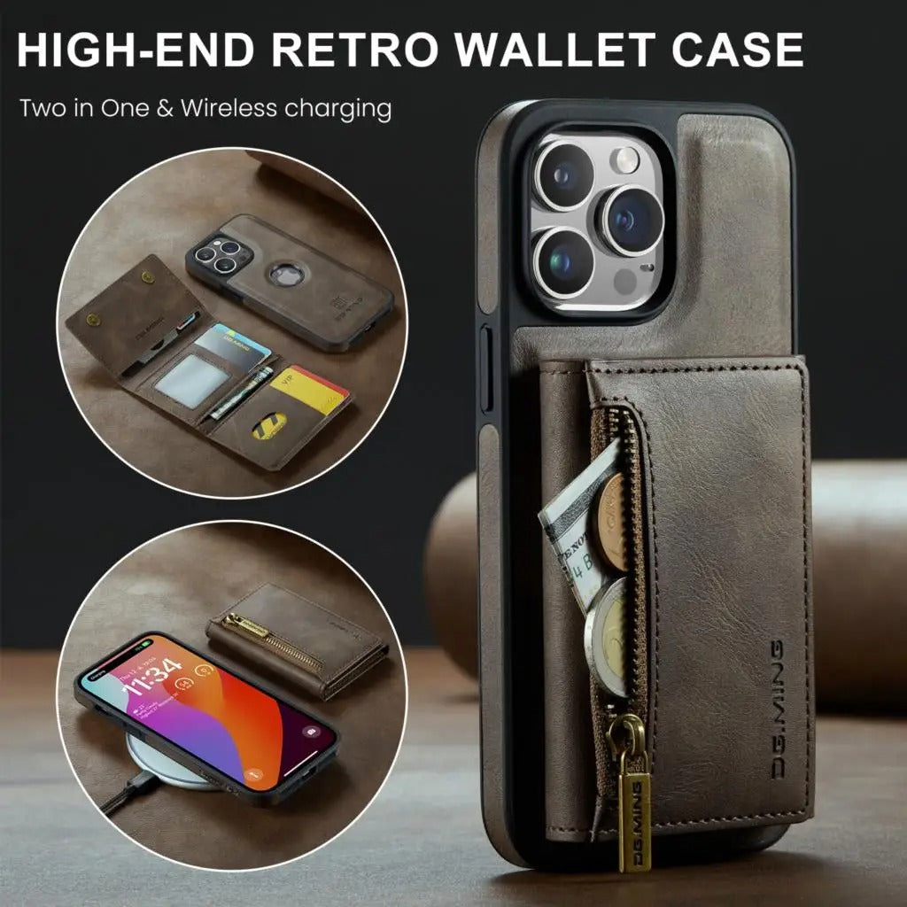 RETRO 2-IN-1 LEATHER IPHONE WALLET CASE | 2-IN-1 DETACHABLE MAGNETIC DESIGN WITH ZIPPERED STORAGE AND MULTIPLE CARD SLOTS | SHOCKPROOF AND ULTRA-PREMIUM PROTECTION WITH 360° CAMERA PROTECTION