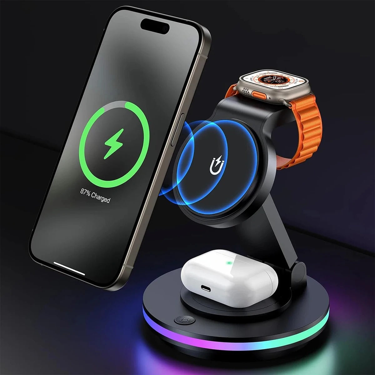 PREMIUM 4-IN-1 20W MAGNETIC WIRELESS CHARGING STATION | ROTATABLE HOLDER WITH AMBIENT LIGHT FOR IPHONE, APPLE WATCH & AIRPODS | FAST & SPACE-SAVING DESIGN