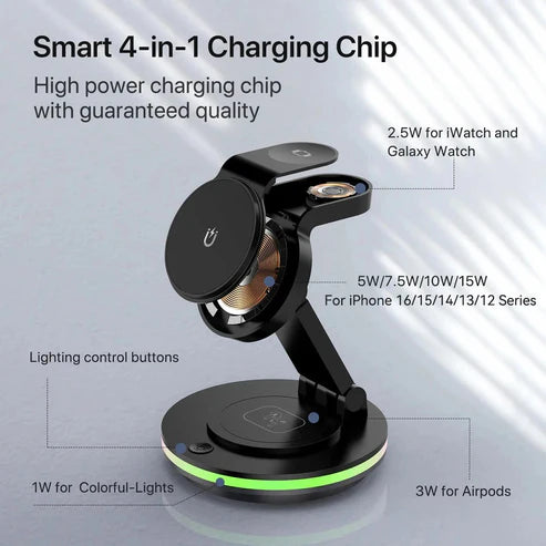 PREMIUM 4-IN-1 20W MAGNETIC WIRELESS CHARGING STATION | ROTATABLE HOLDER WITH AMBIENT LIGHT FOR IPHONE, APPLE WATCH & AIRPODS | FAST & SPACE-SAVING DESIGN