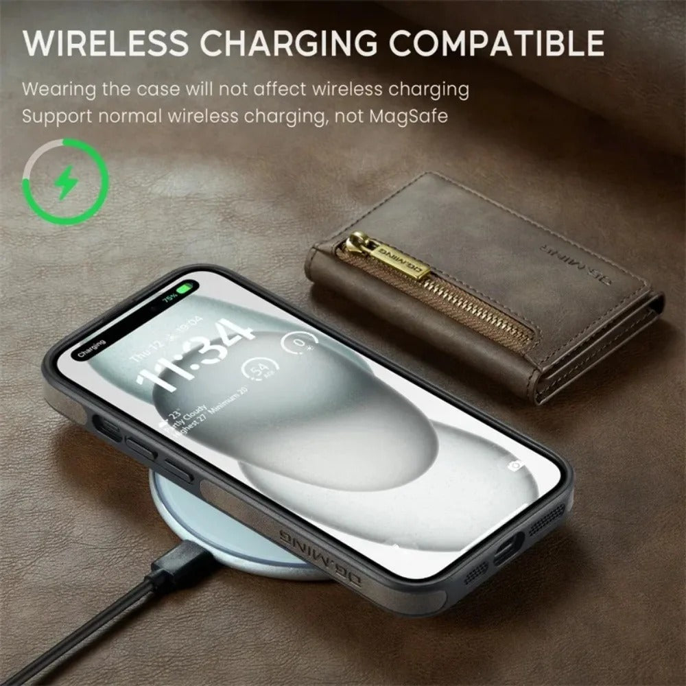 RETRO 2-IN-1 LEATHER IPHONE WALLET CASE | 2-IN-1 DETACHABLE MAGNETIC DESIGN WITH ZIPPERED STORAGE AND MULTIPLE CARD SLOTS | SHOCKPROOF AND ULTRA-PREMIUM PROTECTION WITH 360° CAMERA PROTECTION