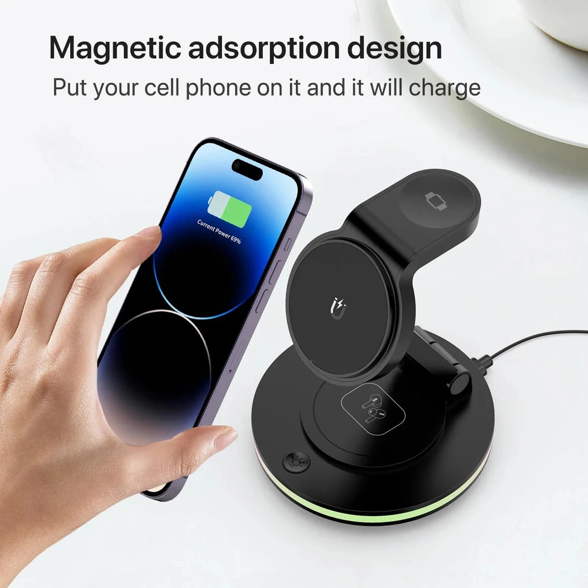 PREMIUM 4-IN-1 20W MAGNETIC WIRELESS CHARGING STATION | ROTATABLE HOLDER WITH AMBIENT LIGHT FOR IPHONE, APPLE WATCH & AIRPODS | FAST & SPACE-SAVING DESIGN
