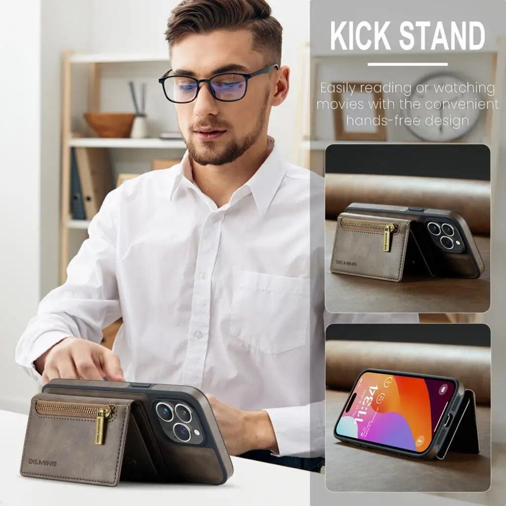 RETRO 2-IN-1 LEATHER IPHONE WALLET CASE | 2-IN-1 DETACHABLE MAGNETIC DESIGN WITH ZIPPERED STORAGE AND MULTIPLE CARD SLOTS | SHOCKPROOF AND ULTRA-PREMIUM PROTECTION WITH 360° CAMERA PROTECTION