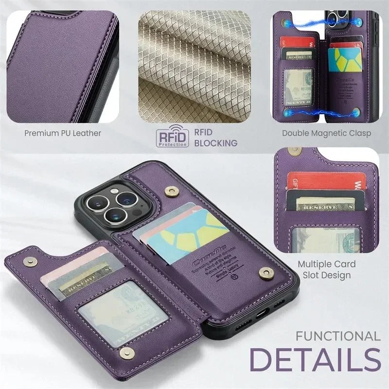 LUXURY MULTI-FUNCTION LEATHER APPLE IPHONE CASE | ELEGANT WALLET DESIGN WITH MAGNETIC FLIP COVER | CARD STORAGE WITH MULTIPLE SLOTS AND CASH HOLDER | 360° DROP PROTECTION AND MAGSAFE COMPATIBLE
