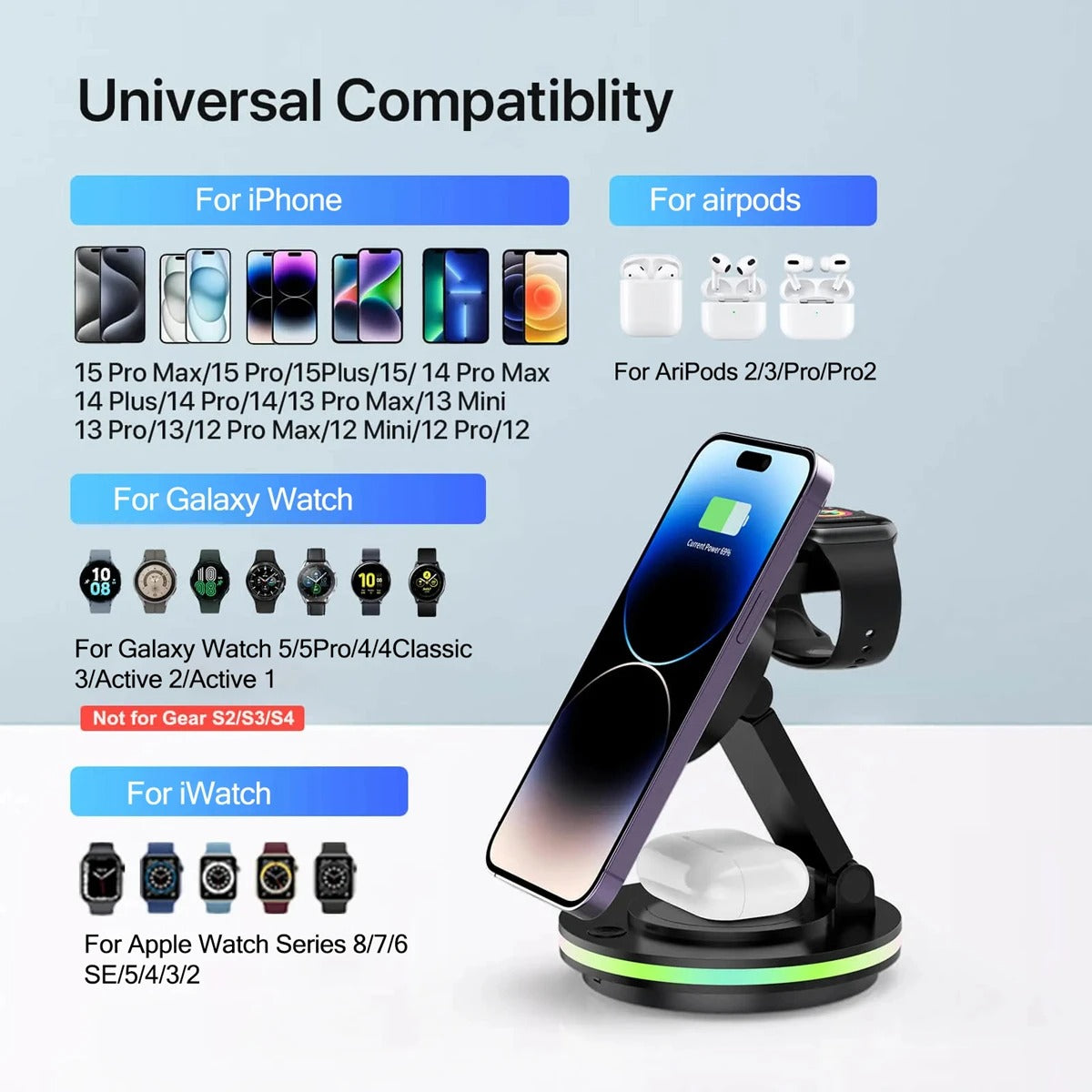 PREMIUM 4-IN-1 20W MAGNETIC WIRELESS CHARGING STATION | ROTATABLE HOLDER WITH AMBIENT LIGHT FOR IPHONE, APPLE WATCH & AIRPODS | FAST & SPACE-SAVING DESIGN