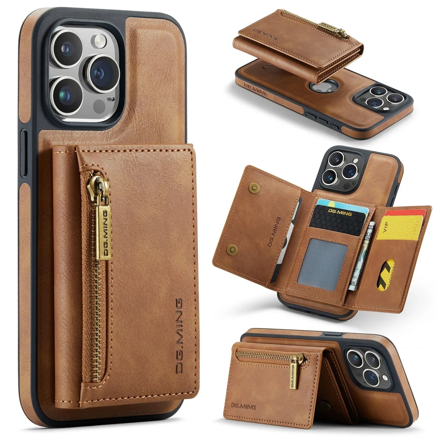 RETRO 2-IN-1 LEATHER IPHONE WALLET CASE | 2-IN-1 DETACHABLE MAGNETIC DESIGN WITH ZIPPERED STORAGE AND MULTIPLE CARD SLOTS | SHOCKPROOF AND ULTRA-PREMIUM PROTECTION WITH 360° CAMERA PROTECTION