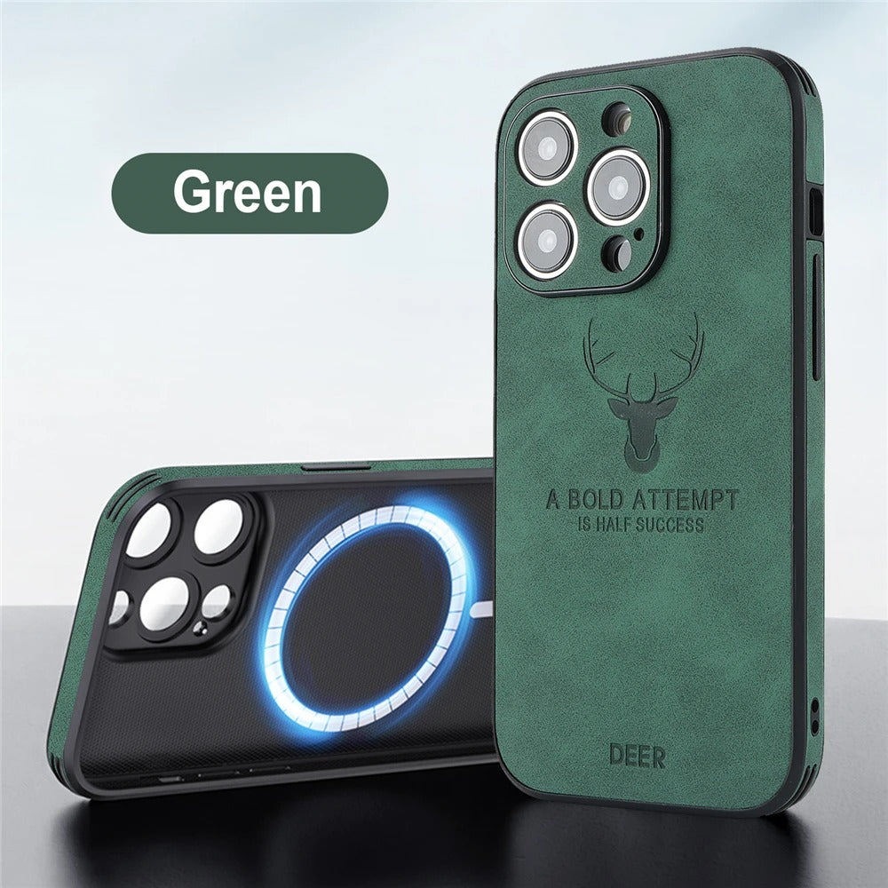 LUXURIOUS RETRO LEATHER IPHONE CASE WITH DEER EMBLEM | PREMIUM ENGRAVING, 360° SHOCKPROOF DESIGN, AND MAGSAFE SUPPORT | ADVANCED CAMERA AND SCREEN PROTECTION
