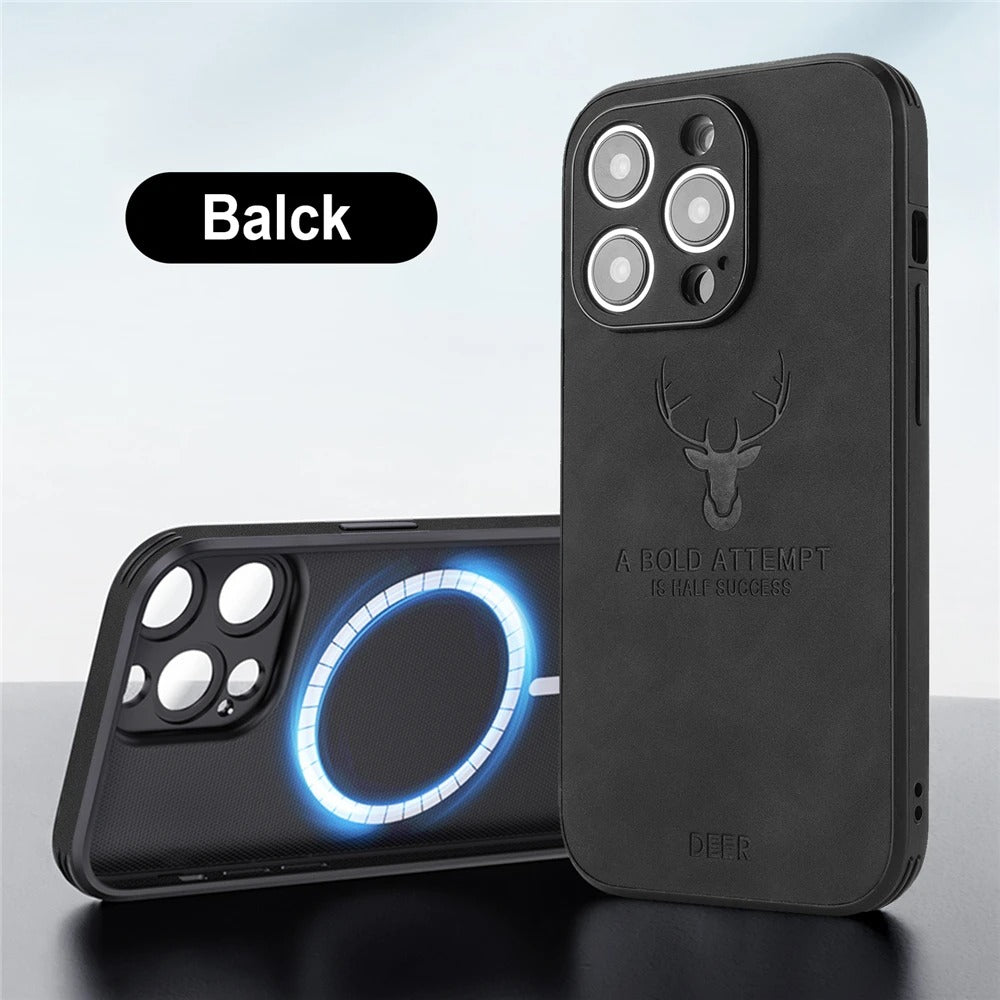 LUXURIOUS RETRO LEATHER IPHONE CASE WITH DEER EMBLEM | PREMIUM ENGRAVING, 360° SHOCKPROOF DESIGN, AND MAGSAFE SUPPORT | ADVANCED CAMERA AND SCREEN PROTECTION