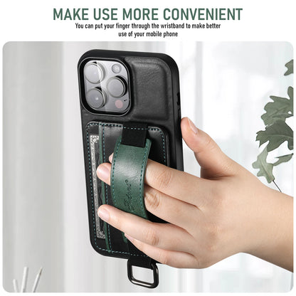 PREMIUM LEATHER APPLE IPHONE CASE | DURABLE SHOCK-ABSORBENT MATERIAL - HANDCRAFTED LEATHER STRAP | ERGONOMIC DESIGN WITH CARD HOLDER AND SECURE GRIP |  ANTI-SCRATCH ANTI-FINGERPRINT AND SHOCK PROOF