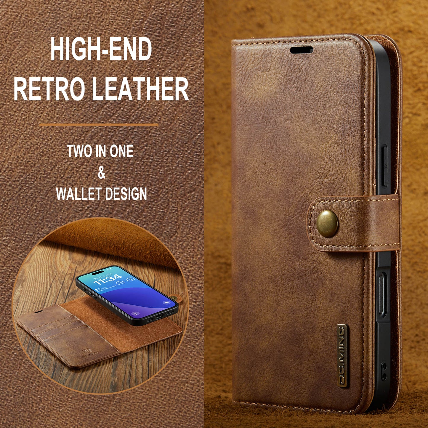 LUXURY RETRO LEATHER IPHONE WALLET CASE | PREMIUM 2-IN-1 DESIGN WITH MAGNETIC FLIP COVER FOR 360° PROTECTION | ELEGANTLY CRAFTED WITH CARD SLOTS, KICKSTAND, AND WIRELESS CHARGING SUPPORT