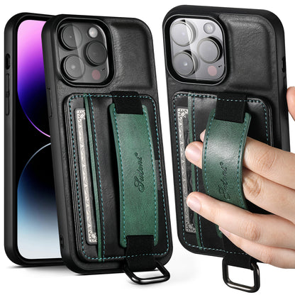 PREMIUM LEATHER APPLE IPHONE CASE | DURABLE SHOCK-ABSORBENT MATERIAL - HANDCRAFTED LEATHER STRAP | ERGONOMIC DESIGN WITH CARD HOLDER AND SECURE GRIP |  ANTI-SCRATCH ANTI-FINGERPRINT AND SHOCK PROOF