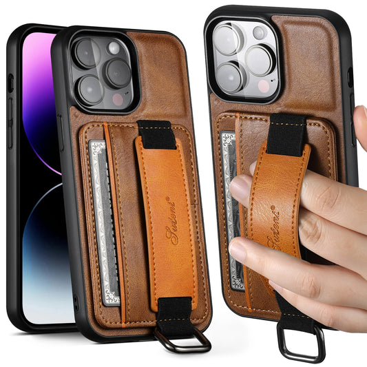 PREMIUM LEATHER APPLE IPHONE CASE | DURABLE SHOCK-ABSORBENT MATERIAL - HANDCRAFTED LEATHER STRAP | ERGONOMIC DESIGN WITH CARD HOLDER AND SECURE GRIP |  ANTI-SCRATCH ANTI-FINGERPRINT AND SHOCK PROOF