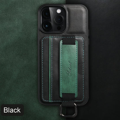 PREMIUM LEATHER APPLE IPHONE CASE | DURABLE SHOCK-ABSORBENT MATERIAL - HANDCRAFTED LEATHER STRAP | ERGONOMIC DESIGN WITH CARD HOLDER AND SECURE GRIP |  ANTI-SCRATCH ANTI-FINGERPRINT AND SHOCK PROOF