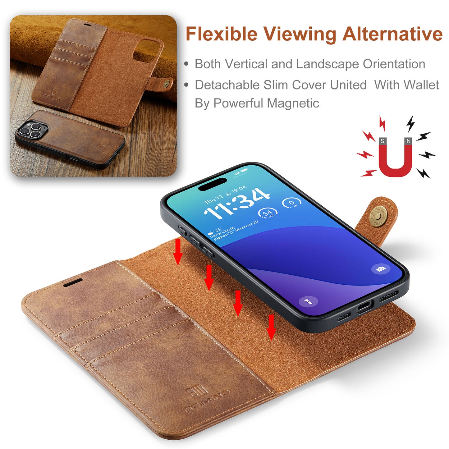LUXURY RETRO LEATHER IPHONE WALLET CASE | PREMIUM 2-IN-1 DESIGN WITH MAGNETIC FLIP COVER FOR 360° PROTECTION | ELEGANTLY CRAFTED WITH CARD SLOTS, KICKSTAND, AND WIRELESS CHARGING SUPPORT