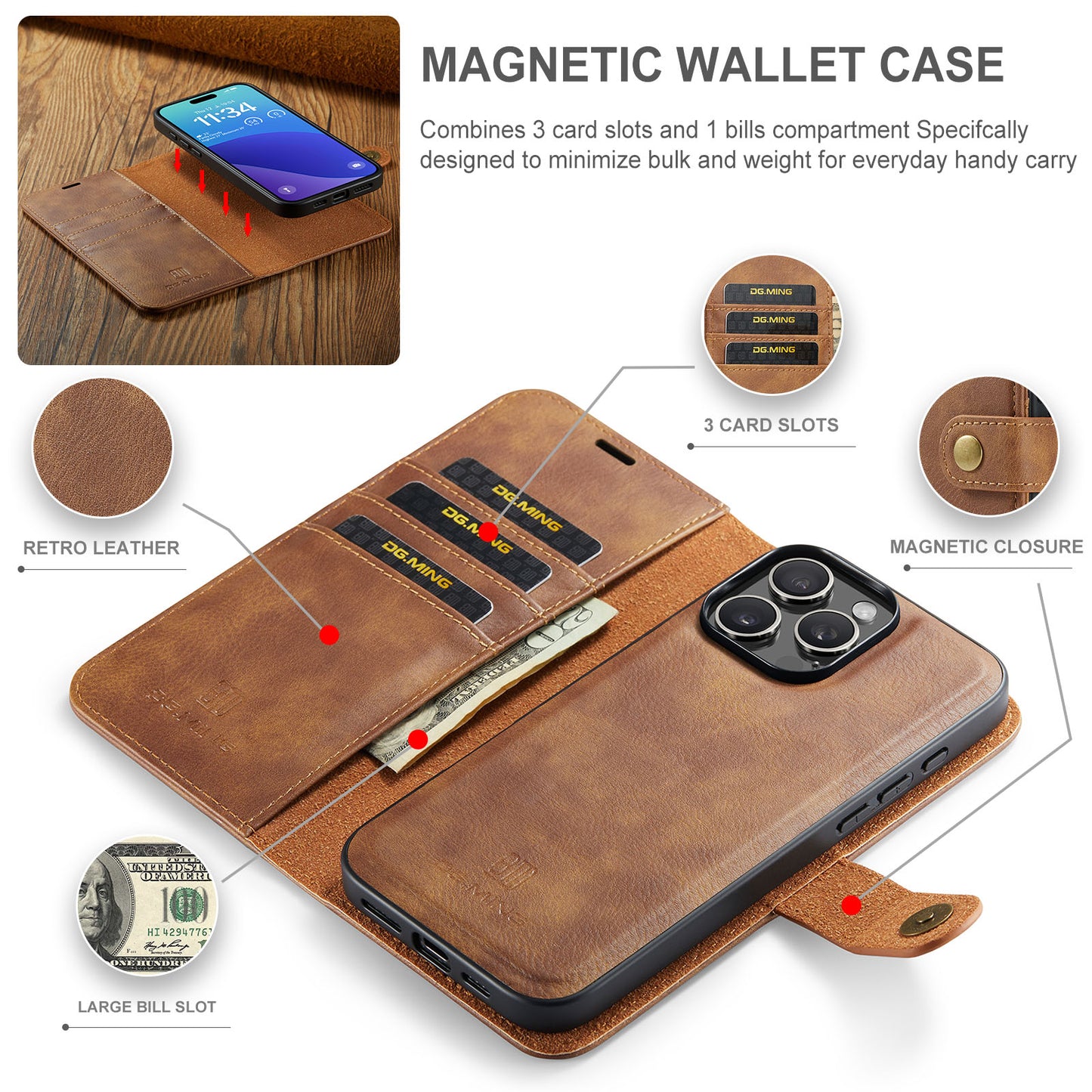 LUXURY RETRO LEATHER IPHONE WALLET CASE | PREMIUM 2-IN-1 DESIGN WITH MAGNETIC FLIP COVER FOR 360° PROTECTION | ELEGANTLY CRAFTED WITH CARD SLOTS, KICKSTAND, AND WIRELESS CHARGING SUPPORT