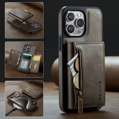 RETRO 2-IN-1 LEATHER IPHONE WALLET CASE | 2-IN-1 DETACHABLE MAGNETIC DESIGN WITH ZIPPERED STORAGE AND MULTIPLE CARD SLOTS | SHOCKPROOF AND ULTRA-PREMIUM PROTECTION WITH 360° CAMERA PROTECTION