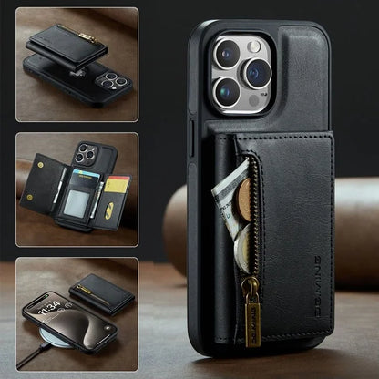RETRO 2-IN-1 LEATHER IPHONE WALLET CASE | 2-IN-1 DETACHABLE MAGNETIC DESIGN WITH ZIPPERED STORAGE AND MULTIPLE CARD SLOTS | SHOCKPROOF AND ULTRA-PREMIUM PROTECTION WITH 360° CAMERA PROTECTION