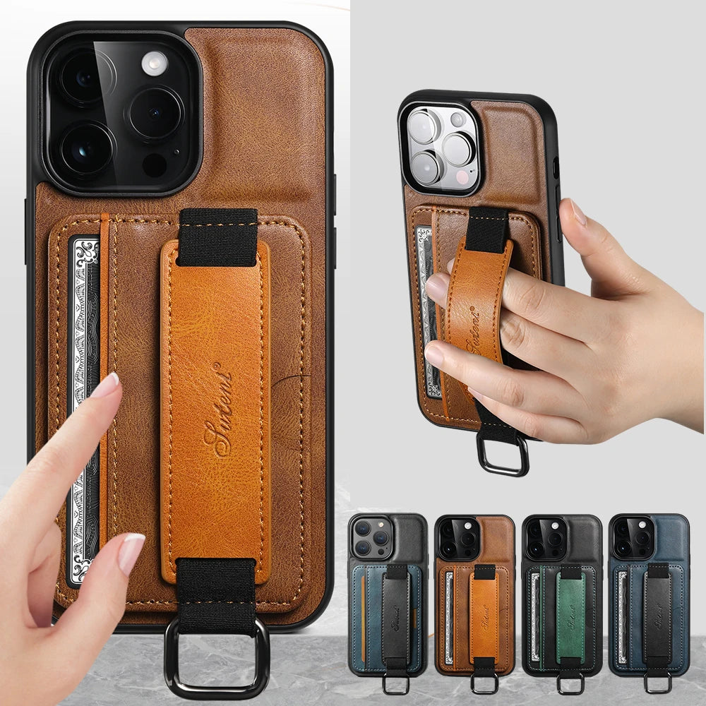 PREMIUM LEATHER APPLE IPHONE CASE | DURABLE SHOCK-ABSORBENT MATERIAL - HANDCRAFTED LEATHER STRAP | ERGONOMIC DESIGN WITH CARD HOLDER AND SECURE GRIP |  ANTI-SCRATCH ANTI-FINGERPRINT AND SHOCK PROOF