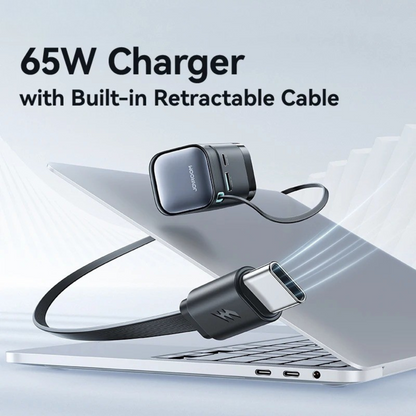 65W GAN FAST CHARGER | RETRACTABLE USB-C CABLE FOR PHONE, TABLET & LAPTOP | HIGH-SPEED CHARGING & COMPACT DESIGN
