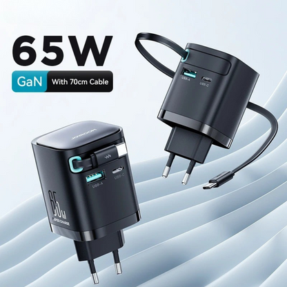 65W GAN FAST CHARGER | RETRACTABLE USB-C CABLE FOR PHONE, TABLET & LAPTOP | HIGH-SPEED CHARGING & COMPACT DESIGN