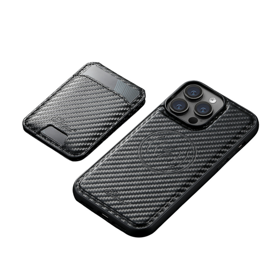 HIGH-QUALITY MAGNETIC 2 IN 1 APPLE IPHONE CARBON FIBER WALLET CASE | ANTI-SCRATCH ANTI-FINGERPRINT 360° SHOCKPROOF WITH FIRM DESIGN | LENS  PROTECTOR AND MAGSAFE