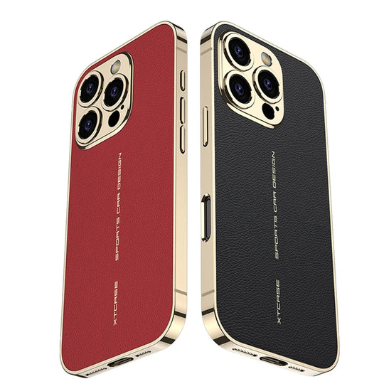 PREMIUM ELECTROPLATED LEATHER PHONE CASE FOR IPHONE | LUXURIOUS RED & BLACK DESIGN WITH SLEEK ELECTROPLATED FRAME | SCRATCH-RESISTANT, SHOCKPROOF, AND STYLISH IPHONE CASE