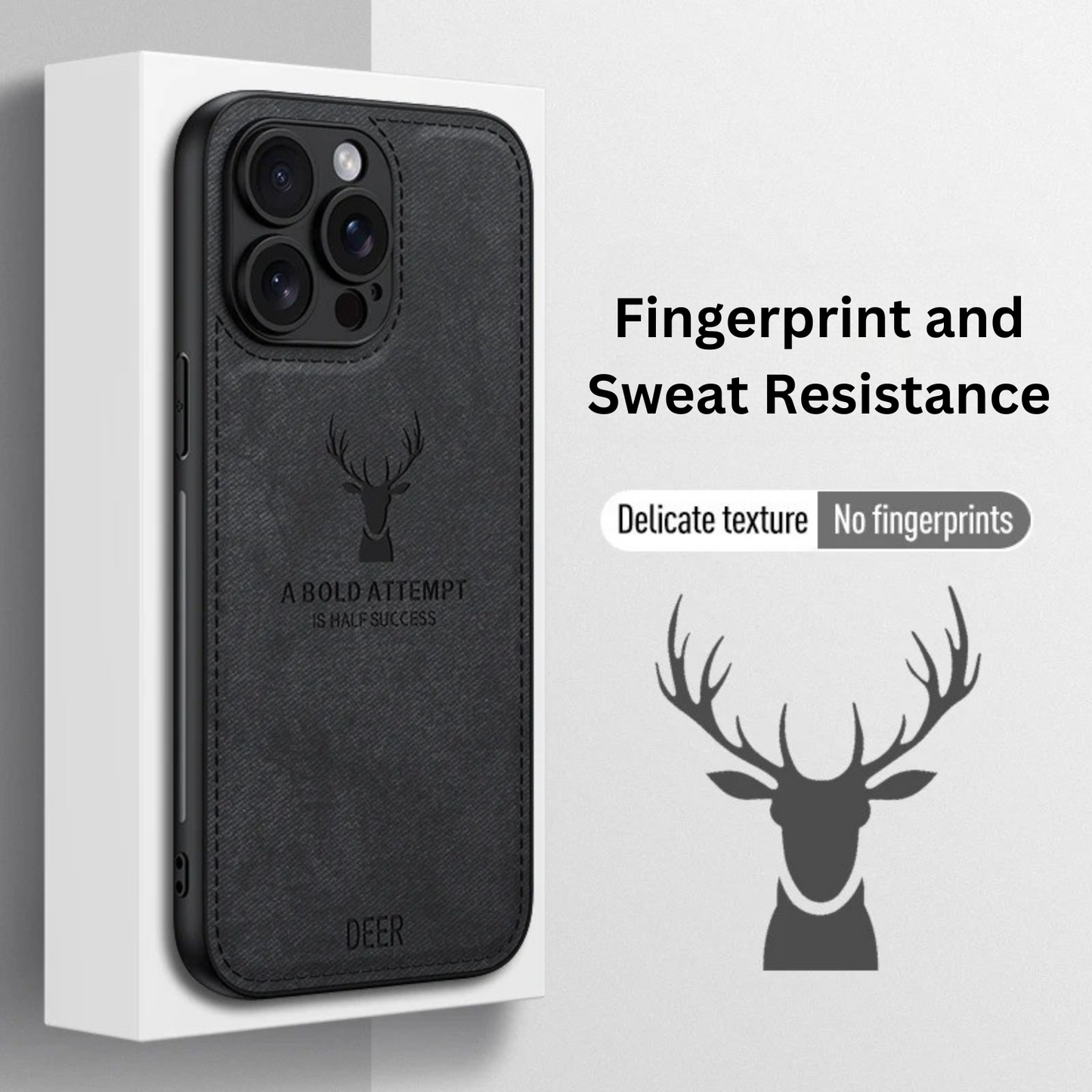 ELEGANT DEER LOGO FABRIC IPHONE CASE | PREMIUM ANTI-SCRATCH, ANTI-FINGERPRINT DESIGN | 360° SHOCKPROOF PROTECTION WITH LIGHTWEIGHT, LUXURIOUS TEXTURE AND RAISED EDGES FOR CAMERA & SCREEN SAFETY