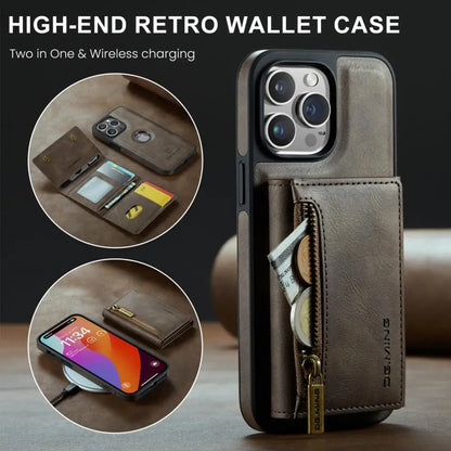 RETRO 2-IN-1 LEATHER IPHONE WALLET CASE | 2-IN-1 DETACHABLE MAGNETIC DESIGN WITH ZIPPERED STORAGE AND MULTIPLE CARD SLOTS | SHOCKPROOF AND ULTRA-PREMIUM PROTECTION WITH 360° CAMERA PROTECTION