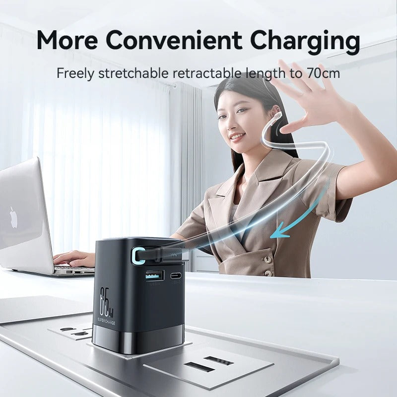 65W GAN FAST CHARGER | RETRACTABLE USB-C CABLE FOR PHONE, TABLET & LAPTOP | HIGH-SPEED CHARGING & COMPACT DESIGN